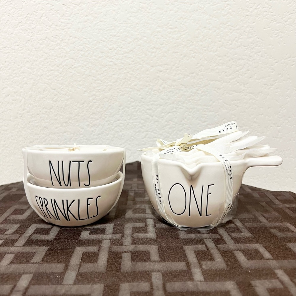 Rae Dunn Measuring Cups w/ handles
and NUTS & SPRINKLES bowls